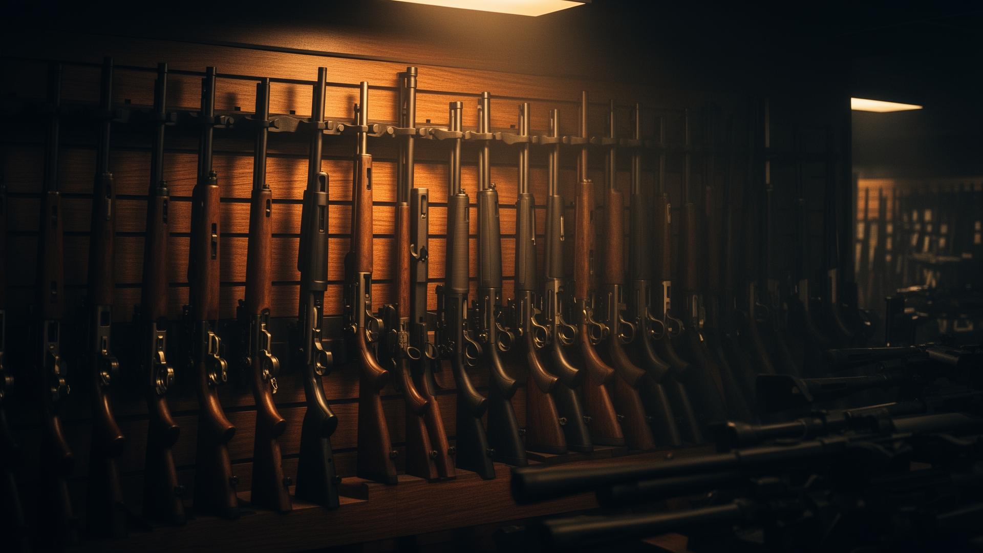 Wall of rifles and firearms at Shep's gun store