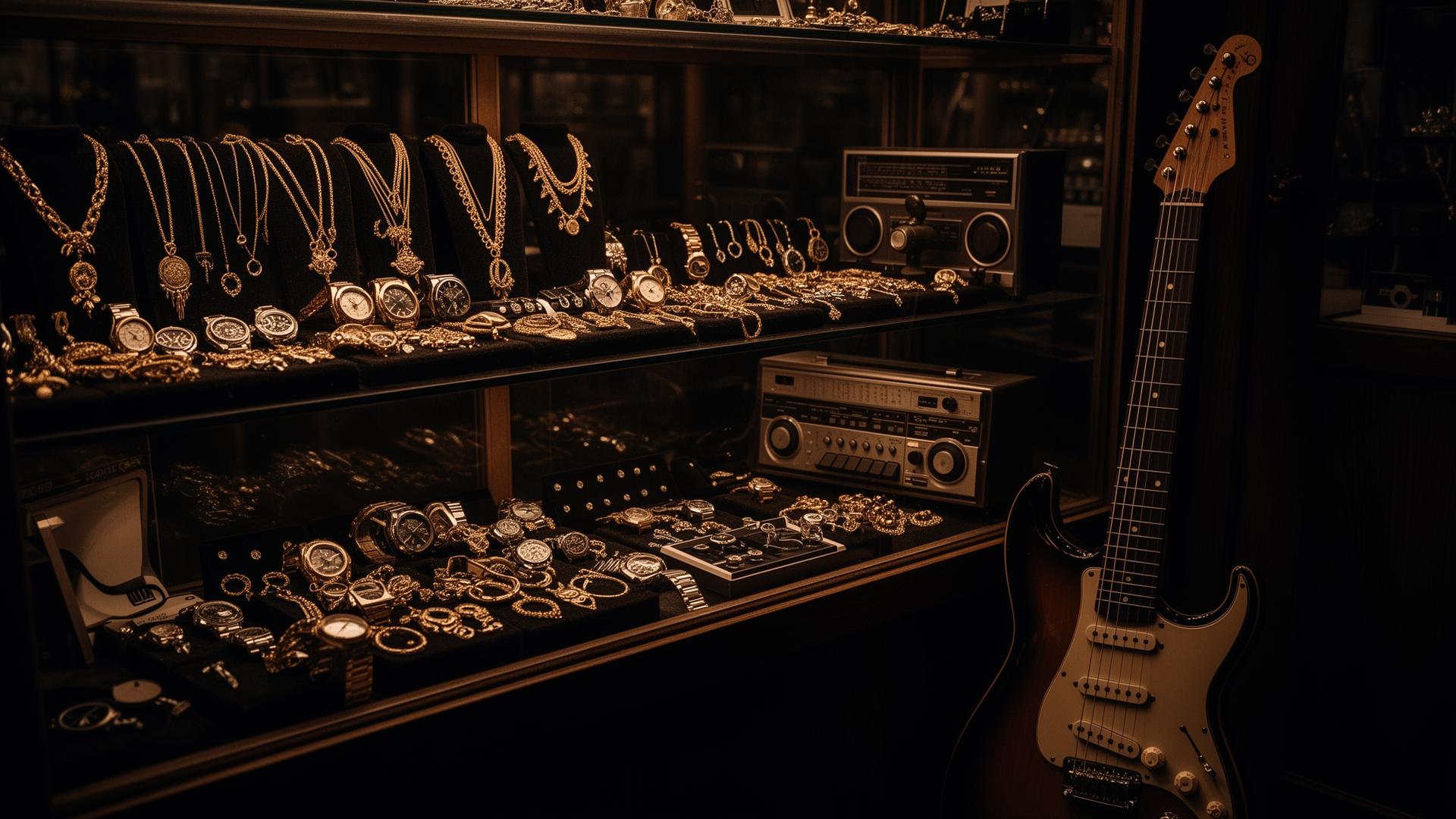 Pawn shop display with jewelry, watches, guitars and electronics